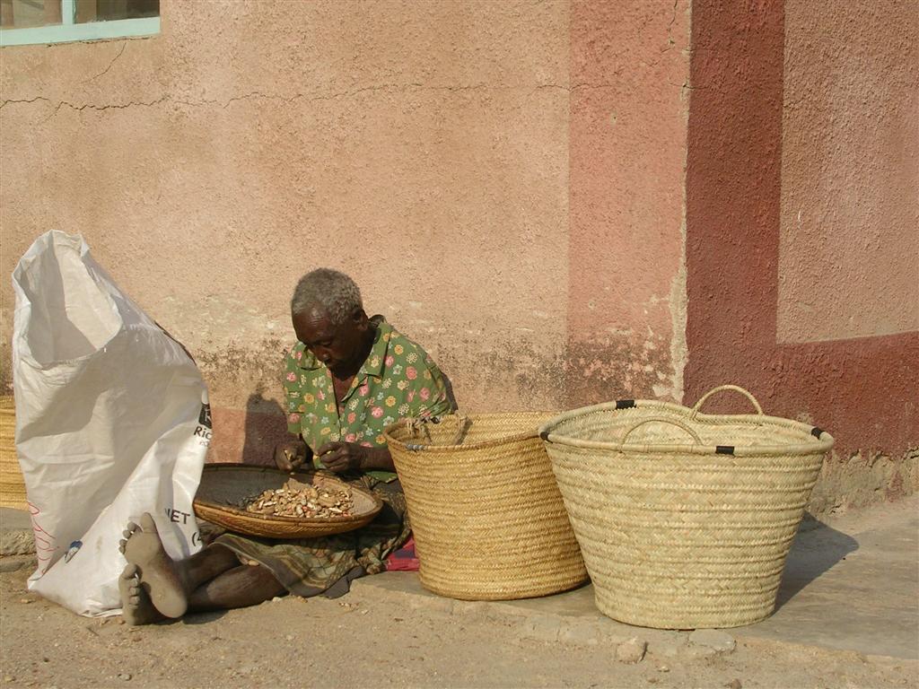 Le donne sbucciano le noccioline (Karanga) fuori dalla missione in cambio di offerte