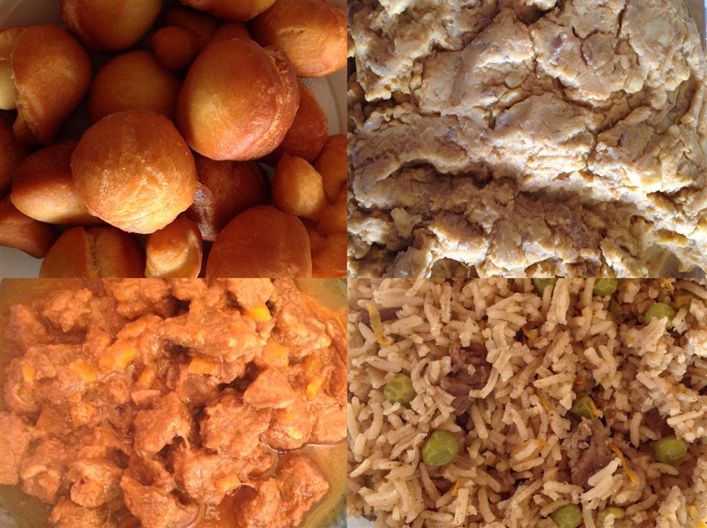Nell'ordine mandazi, mukimo, sugo per chapati, riso pilau.